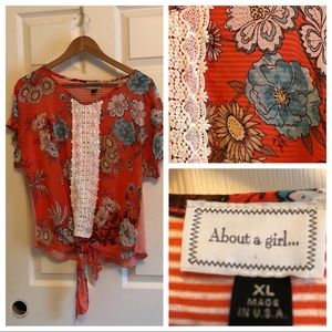 About A Girl floral lace striped blouse SZ xl